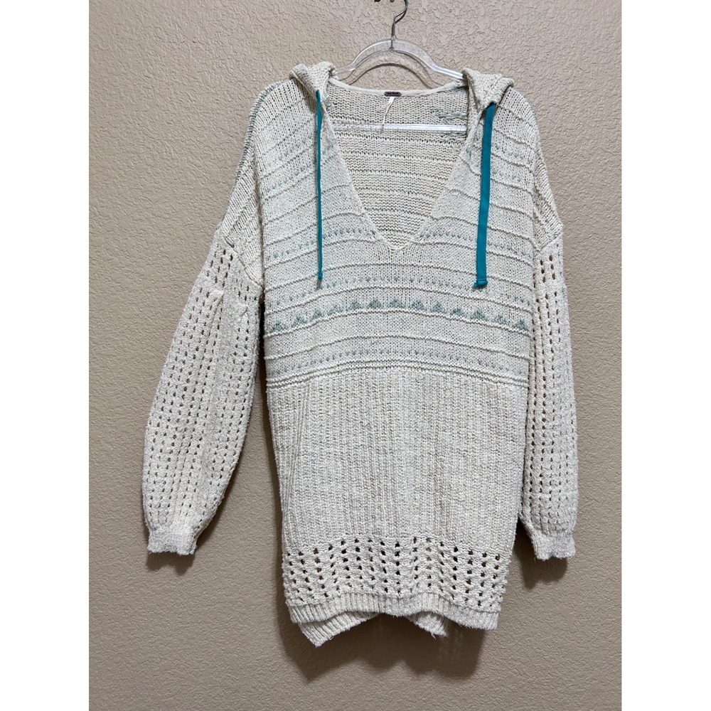 Free People Medium Hooded Sweater Cream Teal Boho Oversized Knit Pointelle Coast
